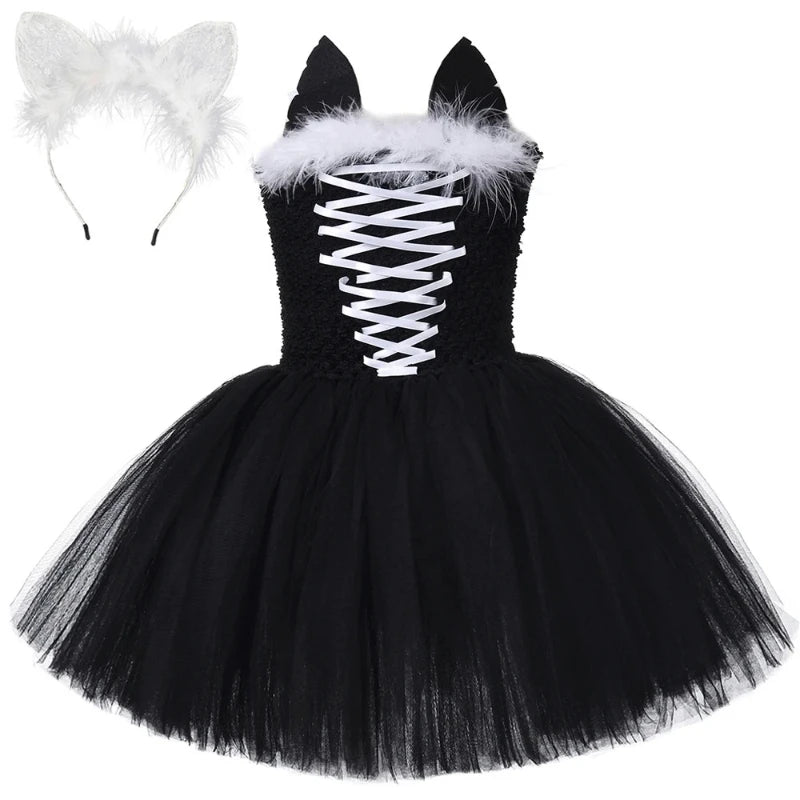 Girls Black Cat Halloween Dress Costume