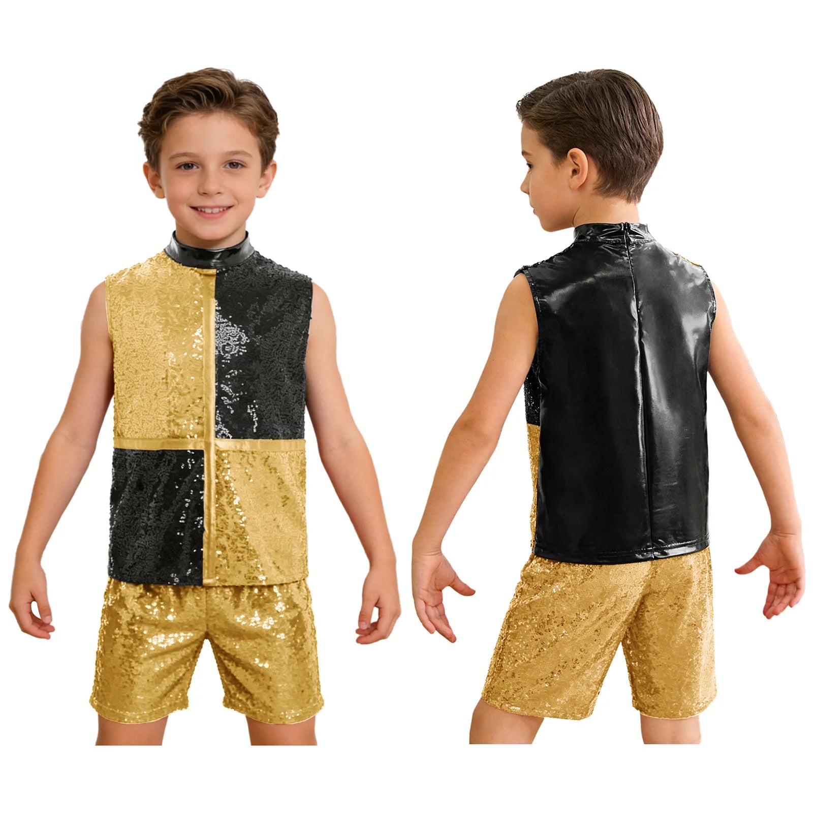 Kids Boys Hip Hop Dance Outfit Sequins Dance Top and Shorts Set Halloween Clown Costume - Gold / 6