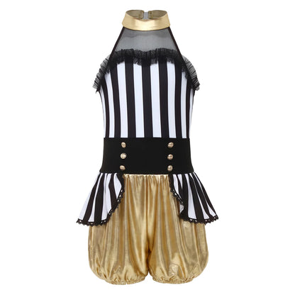 Kids Girl Halloween Circus Clown Costume Shiny Striped Tutu Leotard Ballet Gymnastics - Black A / 6