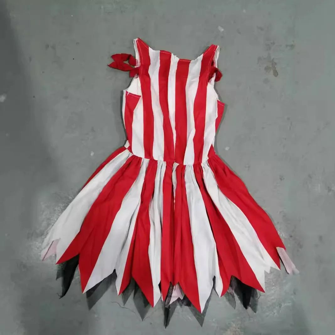 Women's Red & White Circus Clown Costume – Striped Dress & Hat