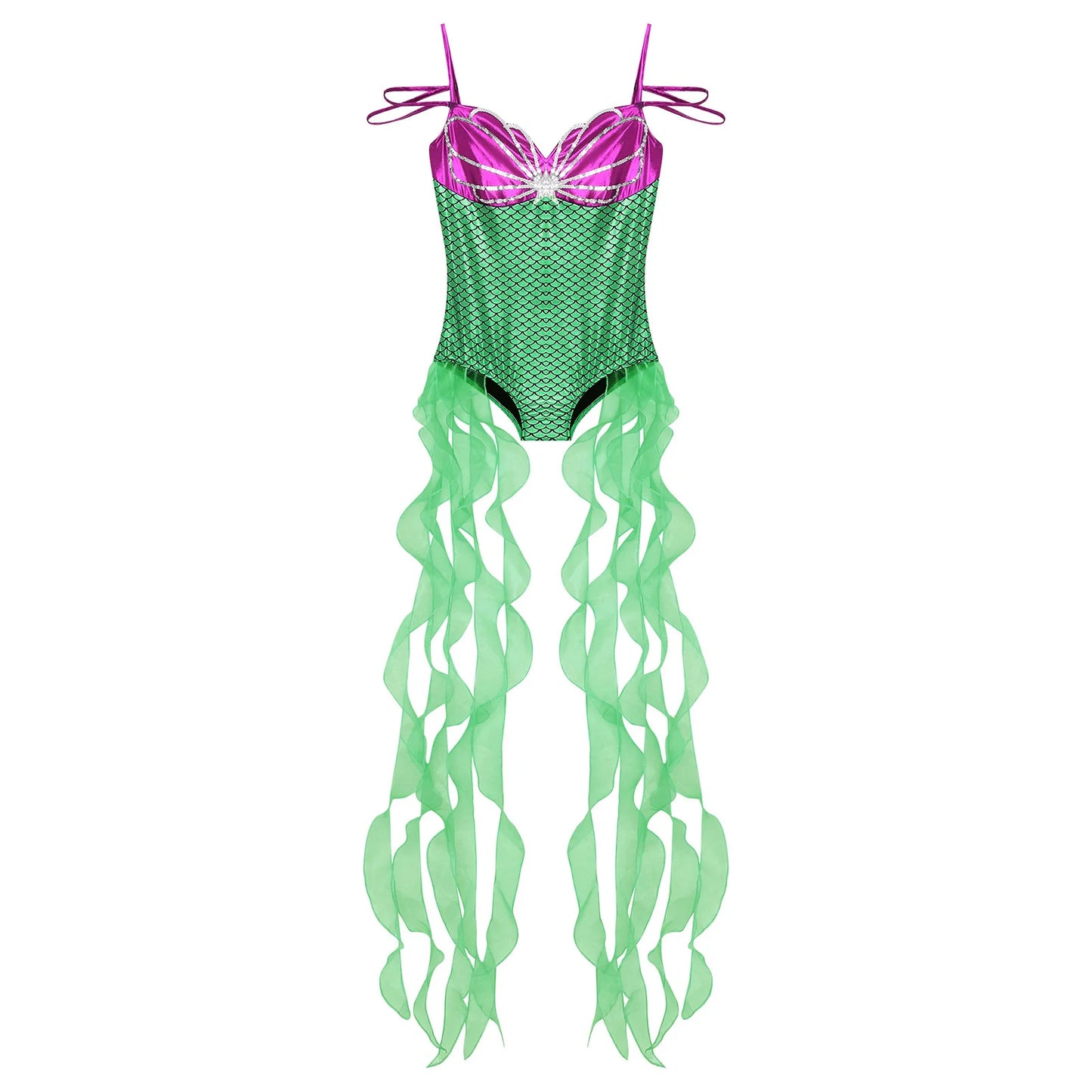 Women Halloween Theme Mermaid Princess Costume Sequin Metallic Shiny Fish Scales Print - Mint Green / L