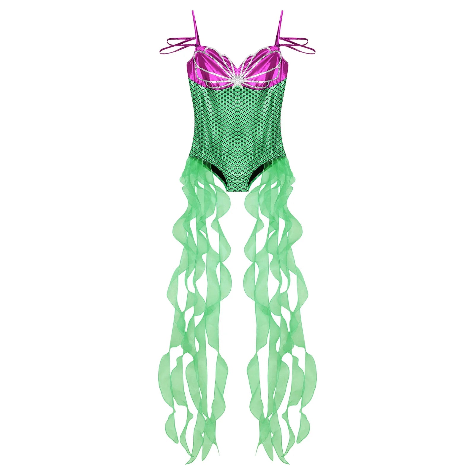 Women Halloween Theme Mermaid Princess Costume Sequin Metallic Shiny Fish Scales Print - Mint Green / L