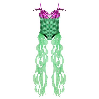 Women Halloween Theme Mermaid Princess Costume Sequin Metallic Shiny Fish Scales Print - Mint Green / L