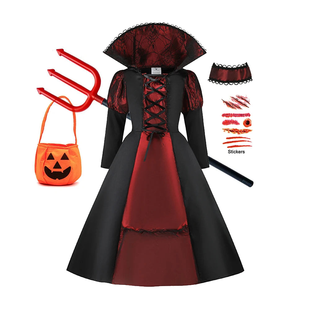 Kids Spooky Ghost Bride Fancy Dress Floral Print High Neck Flare Sleeve Gown - product image 7