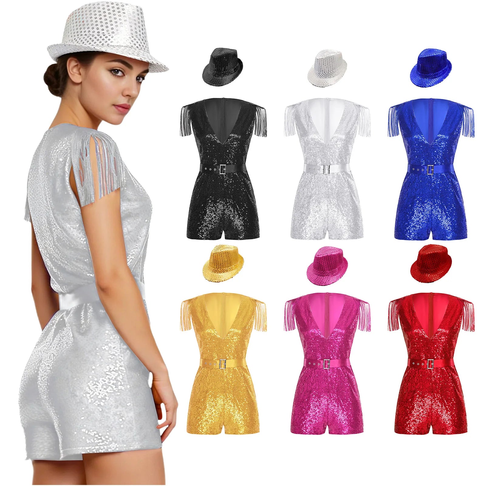 Women's Hip Hop Jazz Dance Sleeveless V-neck Sequin Tassels Jumpsuit with Costume - alternate view 3