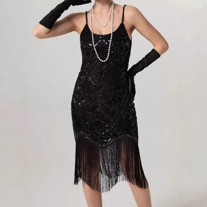 1920 Vintage Red Sequins Dress Women's Spaghetti Strap Tassel Dress Elegant Party Evening Dress Great Gatsby Flapper Costume