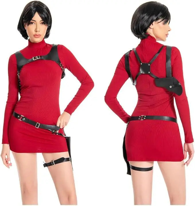 Women's 2-Piece PU Leather Cosplay Outfit With Tactical Props Spy
