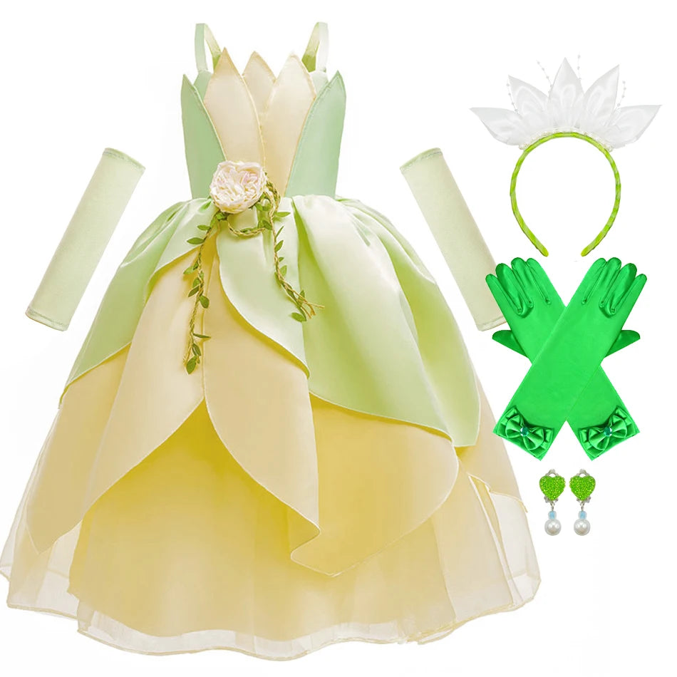 Girls Tiana-Inspired Princess Dress – Floral & Light-Up Costume Options