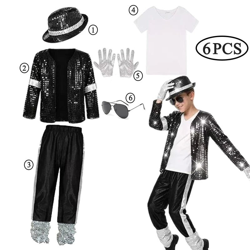 Kids Michael Jackson Costume Boys Superstar Singer Outfit Halloween Carnival Stage Performance Dance Cosplay Party Costume