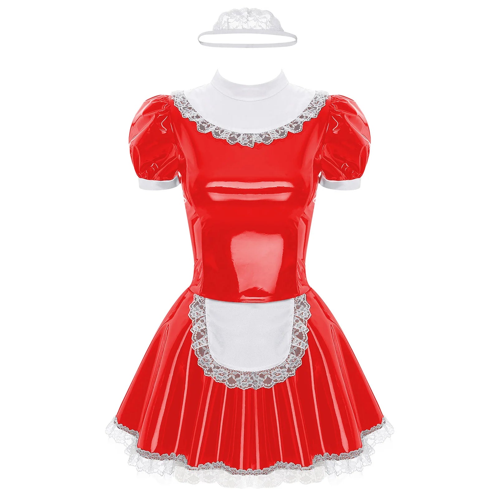 Women Halloween Maid Cosplay Costume Glossy Patent Leather Dress with Lace - product image 9