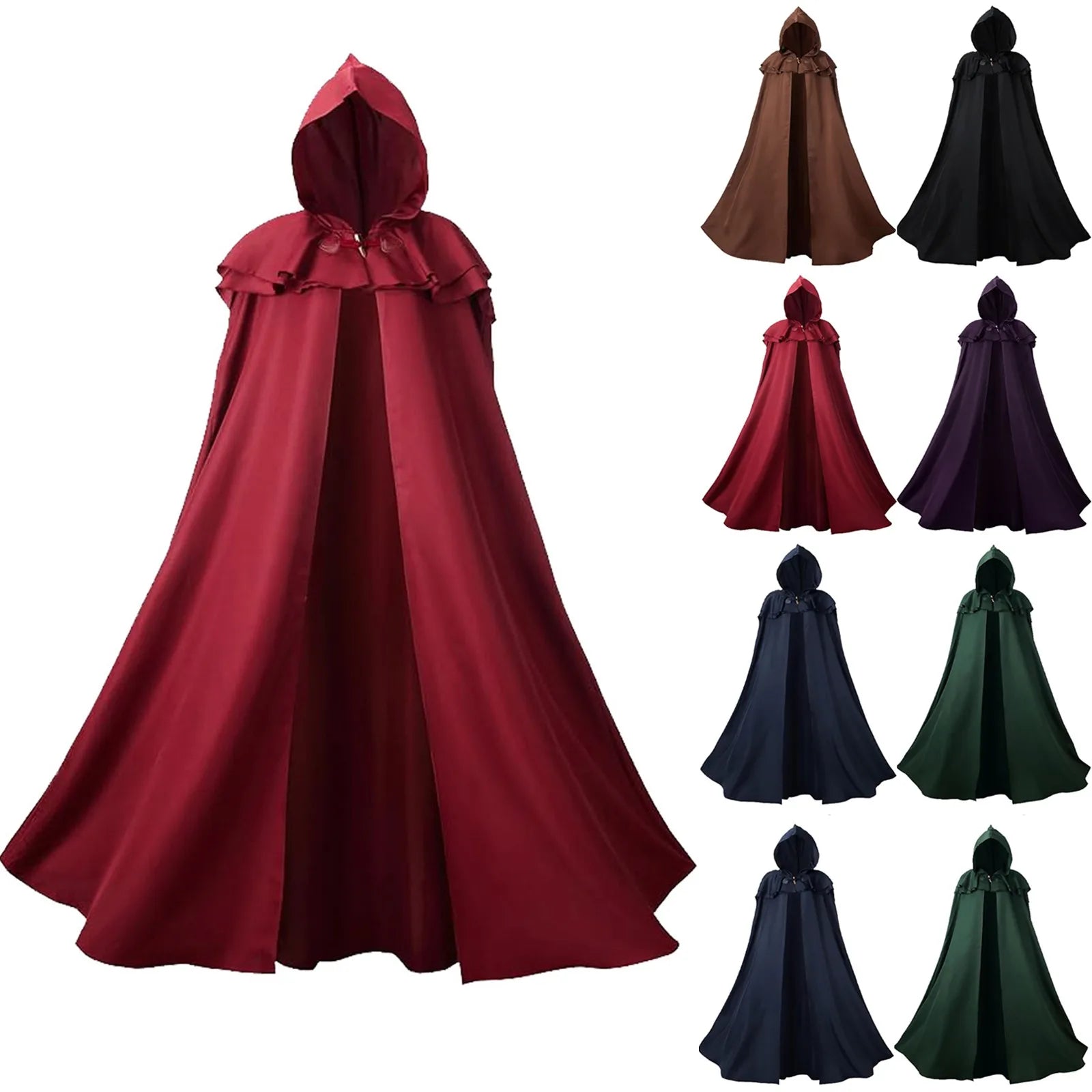 Halloween Hooded Capes for Adult Cloaks Costume Witch Red Black Purple Green Grim Reaper - Black / L