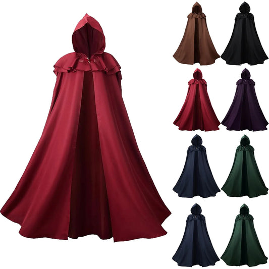 Halloween Hooded Capes for Adult Cloaks Costume Witch Red Black Purple Green Grim Reaper - Black / L