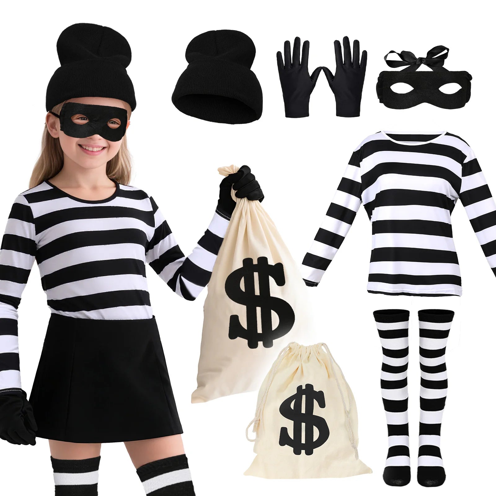 Boys Girls Robber Costume Girls Thief Accessories Jail Prisoner Costume Striped Top