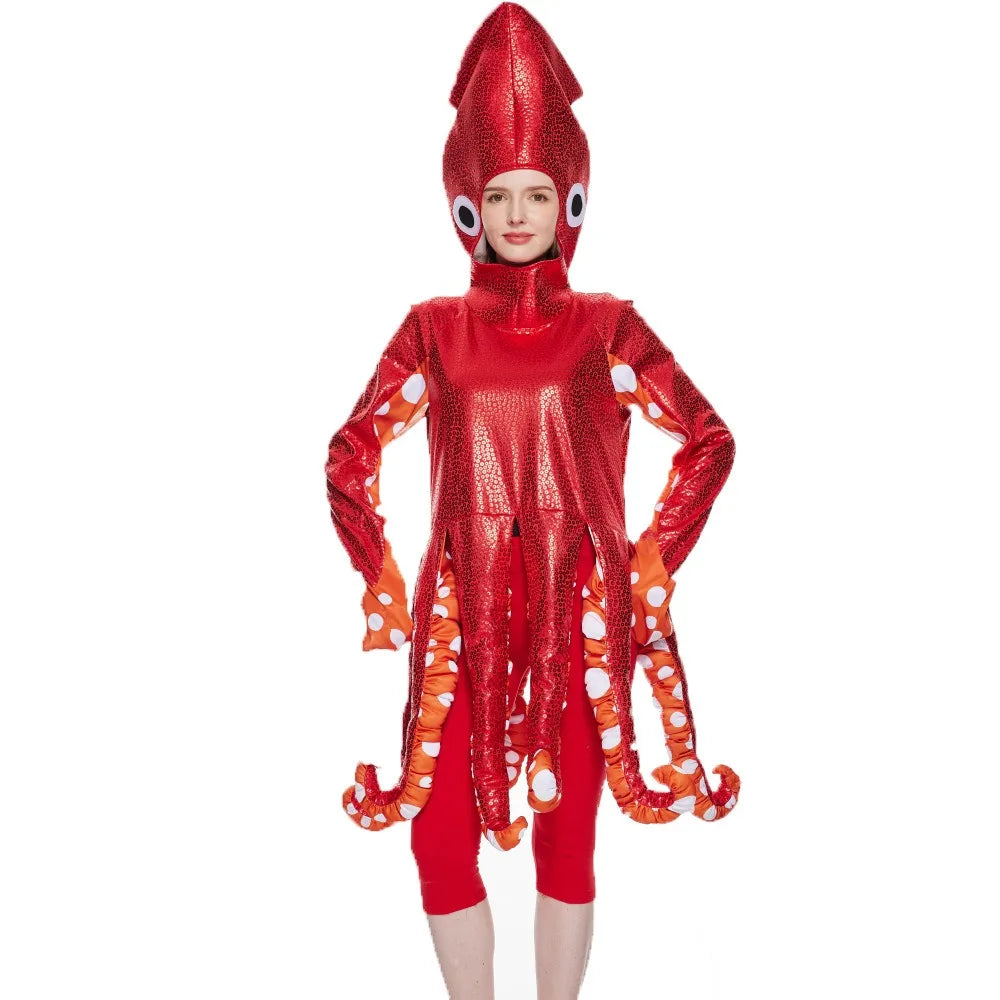 Halloween adult squid costume, ocean creature party jumpsuit, funny cosplay clothes