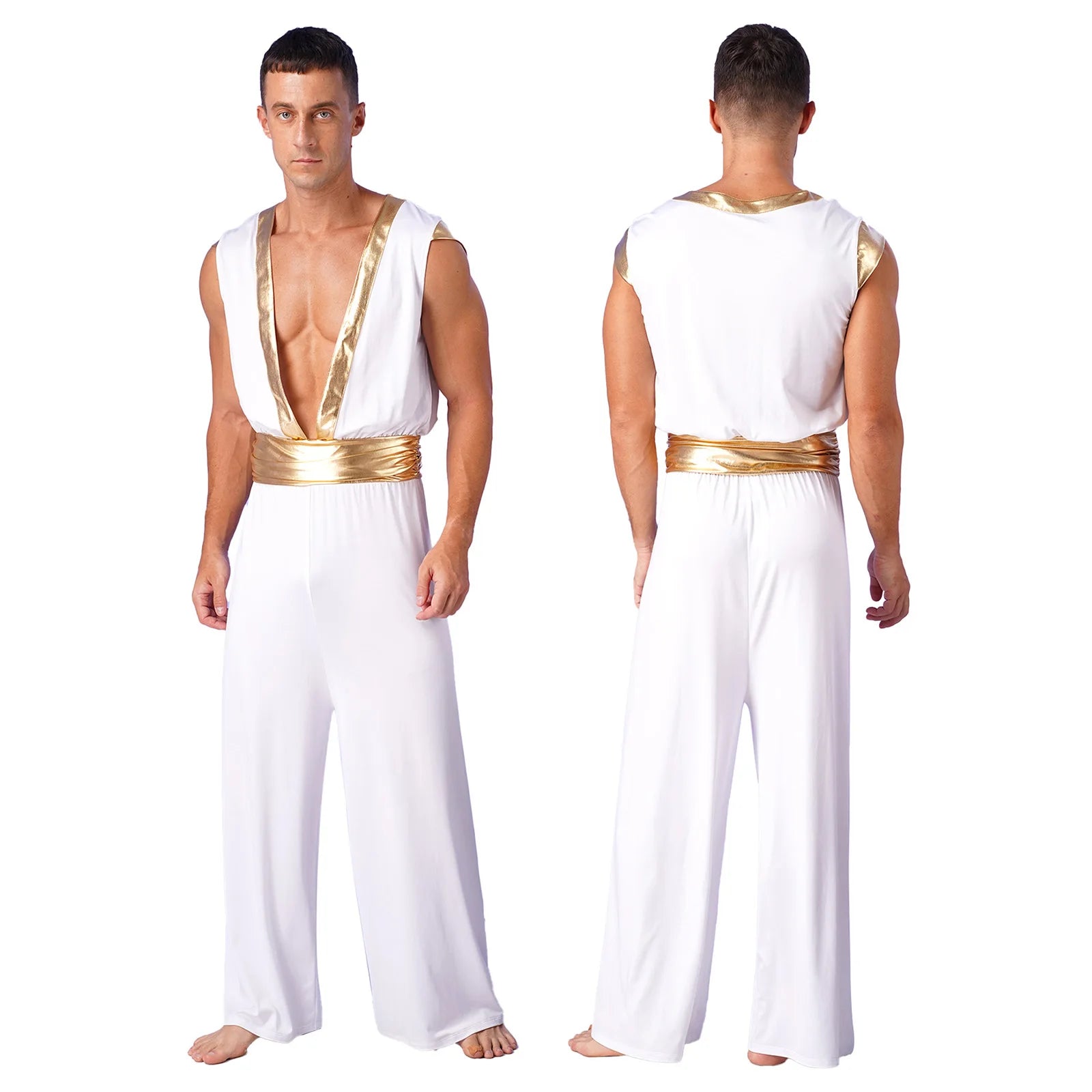 Men's Arabian Prince Sleeveless Deep V Loose Jumpsuit Theme Halloween Costume - White / XXL