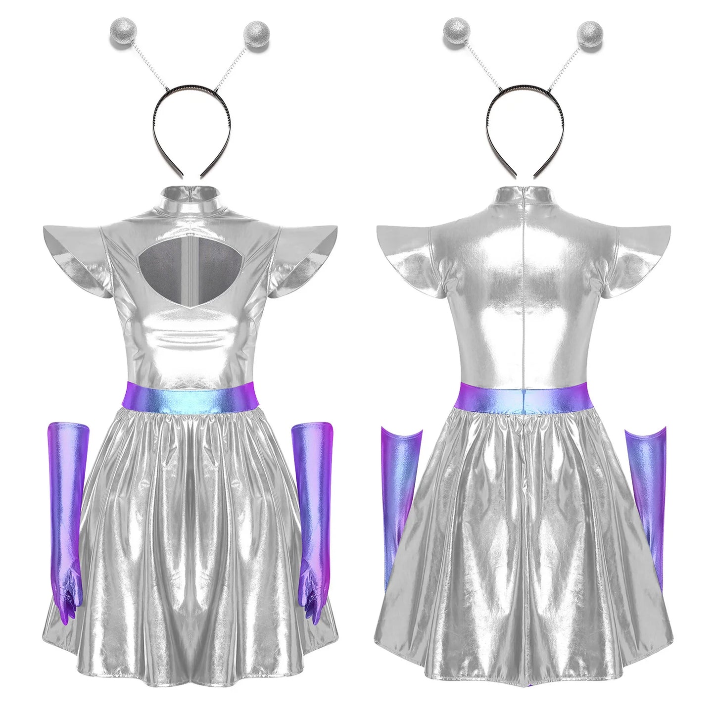 Adult Women Alien Outerspace Halloween Costume Dancewear Sleeveless Space Cadet Leotards - B-Silver / M