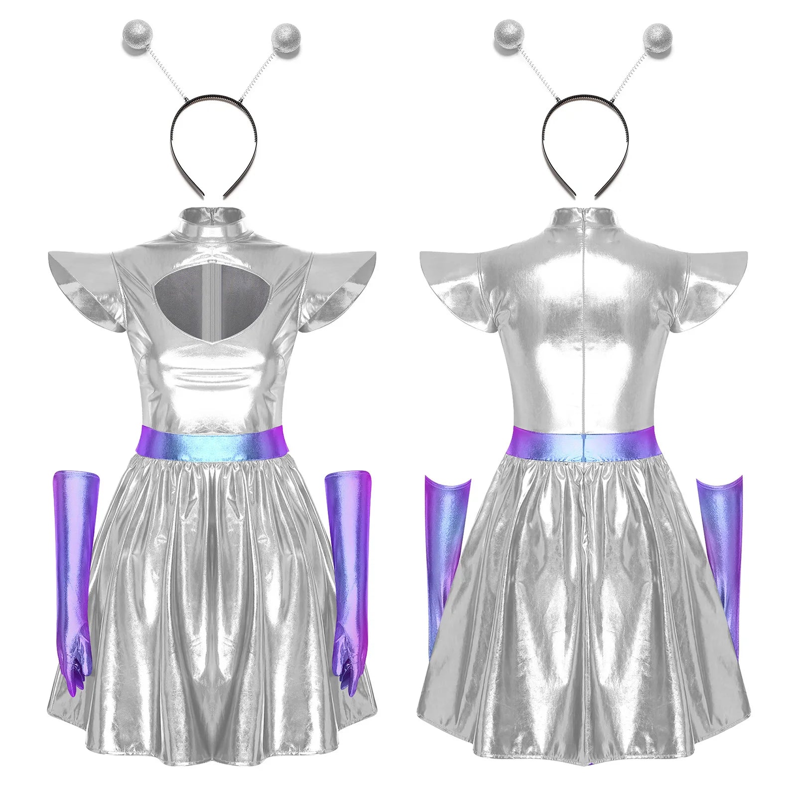 Adult Women Alien Outerspace Halloween Costume Dancewear Sleeveless Space Cadet Leotards - B-Silver / M