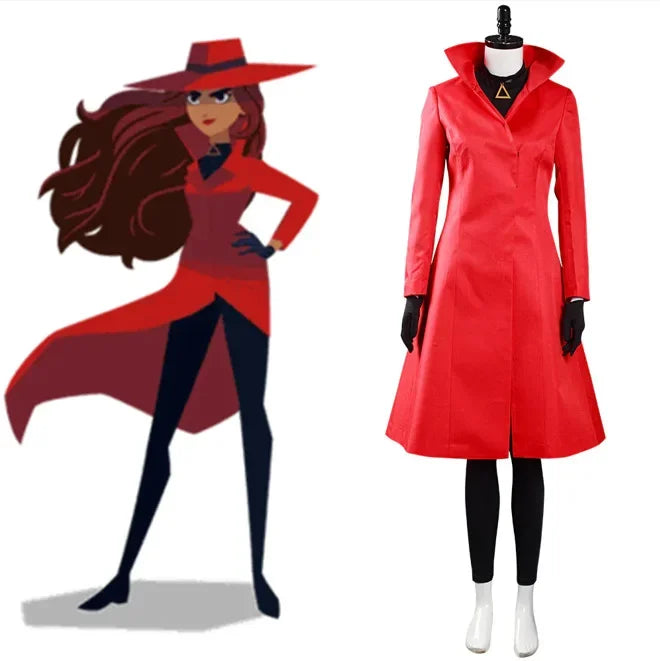 Carmen Sandiego Costume Red Dress with Hat Gloves Halloween Suit for Women's Girl - set / M