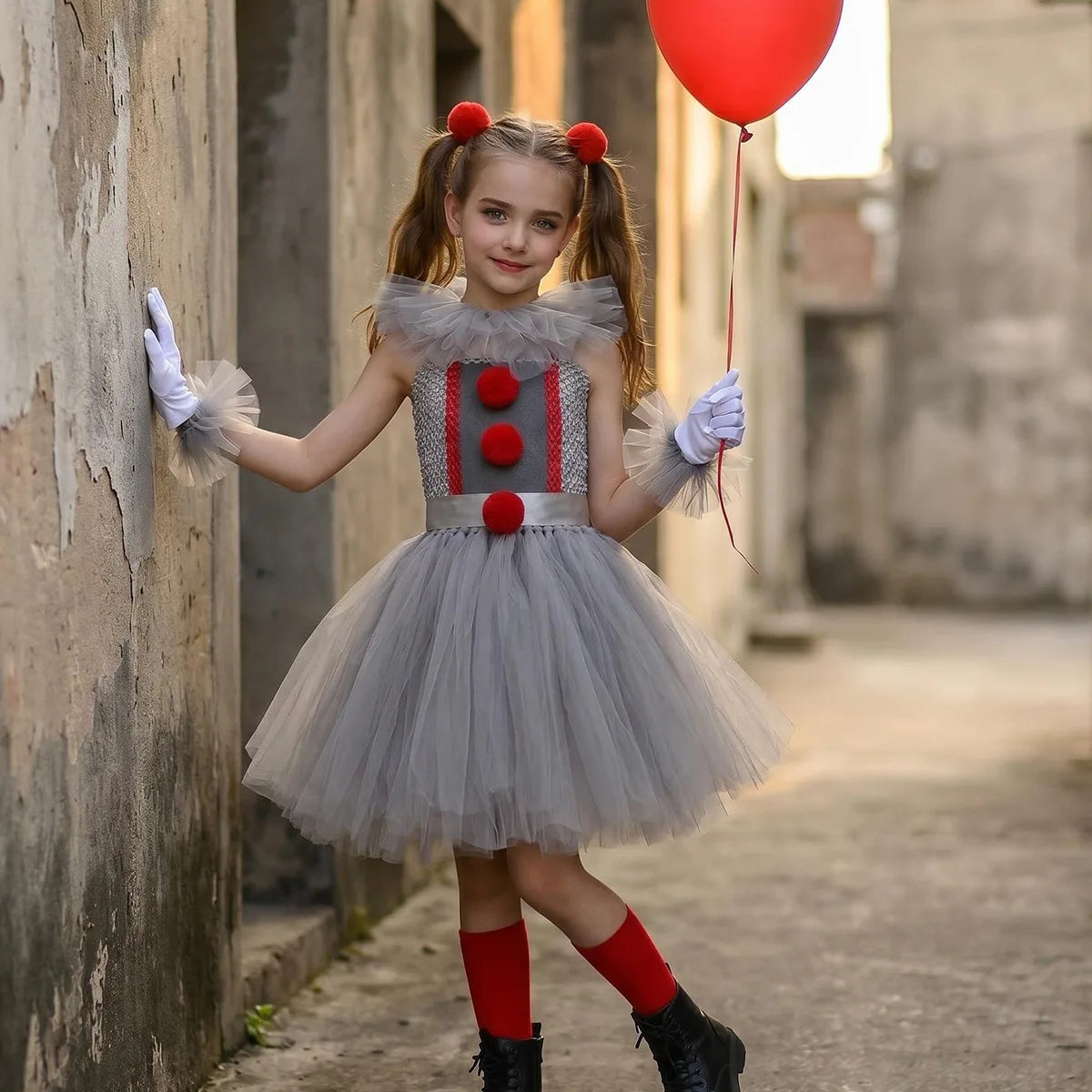 Weird Joker Grey Tutu Dress+Gloves+Hairpin+Bracelet Girls Costume Weirdo Creature Clown - Clown 05 / 10-12T(XXL)
