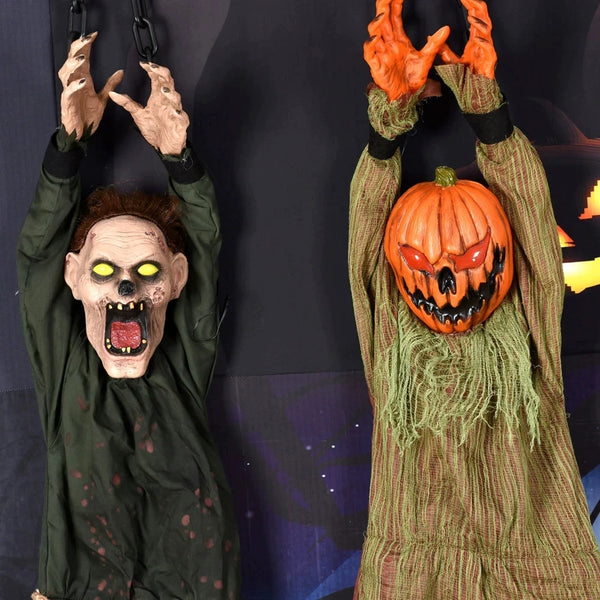 Animated Hanging Clown with Chain Glowing Eyes Creepy Sound for Haunted House Prop
