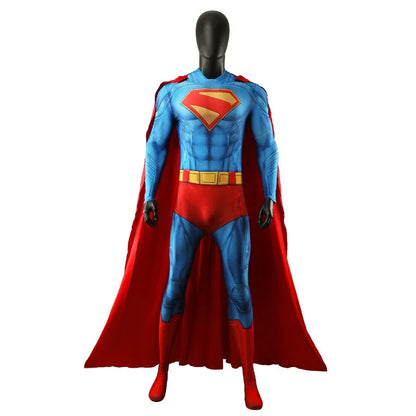 Superman Costume 3D Printed Blue Zentai Jumpsuit with Red Cape for Men Superhero Halloween - Clothes Cloak / L