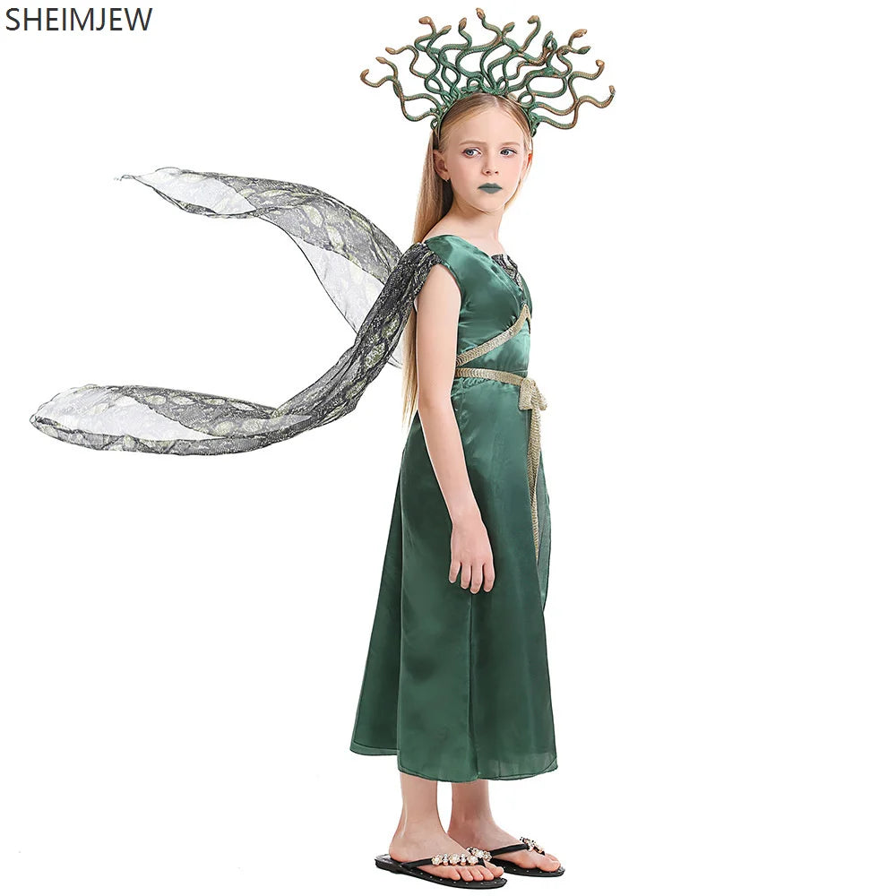 Kids Halloween Costume Girl Ancient Greek Mythology Goddess Robe Female Demon Snake Dress - Dress Gold Headwear / M(125-140)