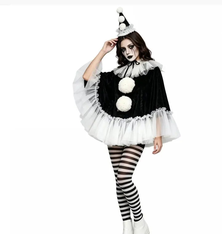 Women's Black & White Pierrot Clown Costume – Lace Cape Poncho