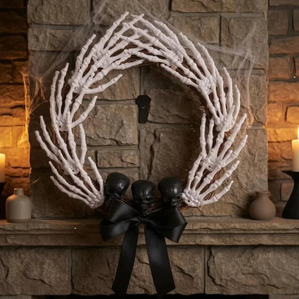 Dark Style Halloween Skeleton Hand Wreath Black Ribbon Black Bow Halloween - product image 4