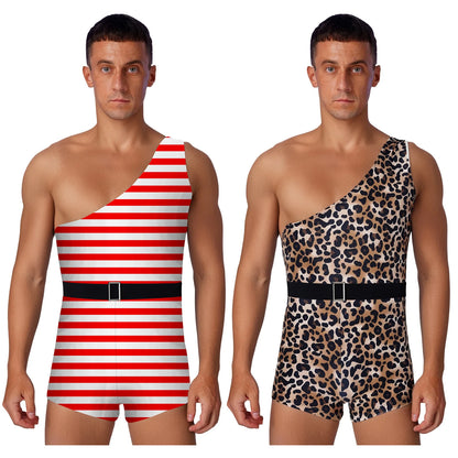Men's Halloween Primitive Man Costume Bodysuit One Shoulder Printed Xmas Rompers with Belt - Leopard / 3XL