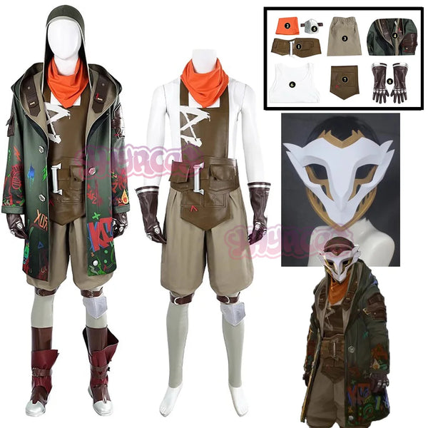 Anime Ekko Costume Game LOL Arcane Costume White Wig Mask Men Suit Shoes Coat Holloween - Costume / 41
