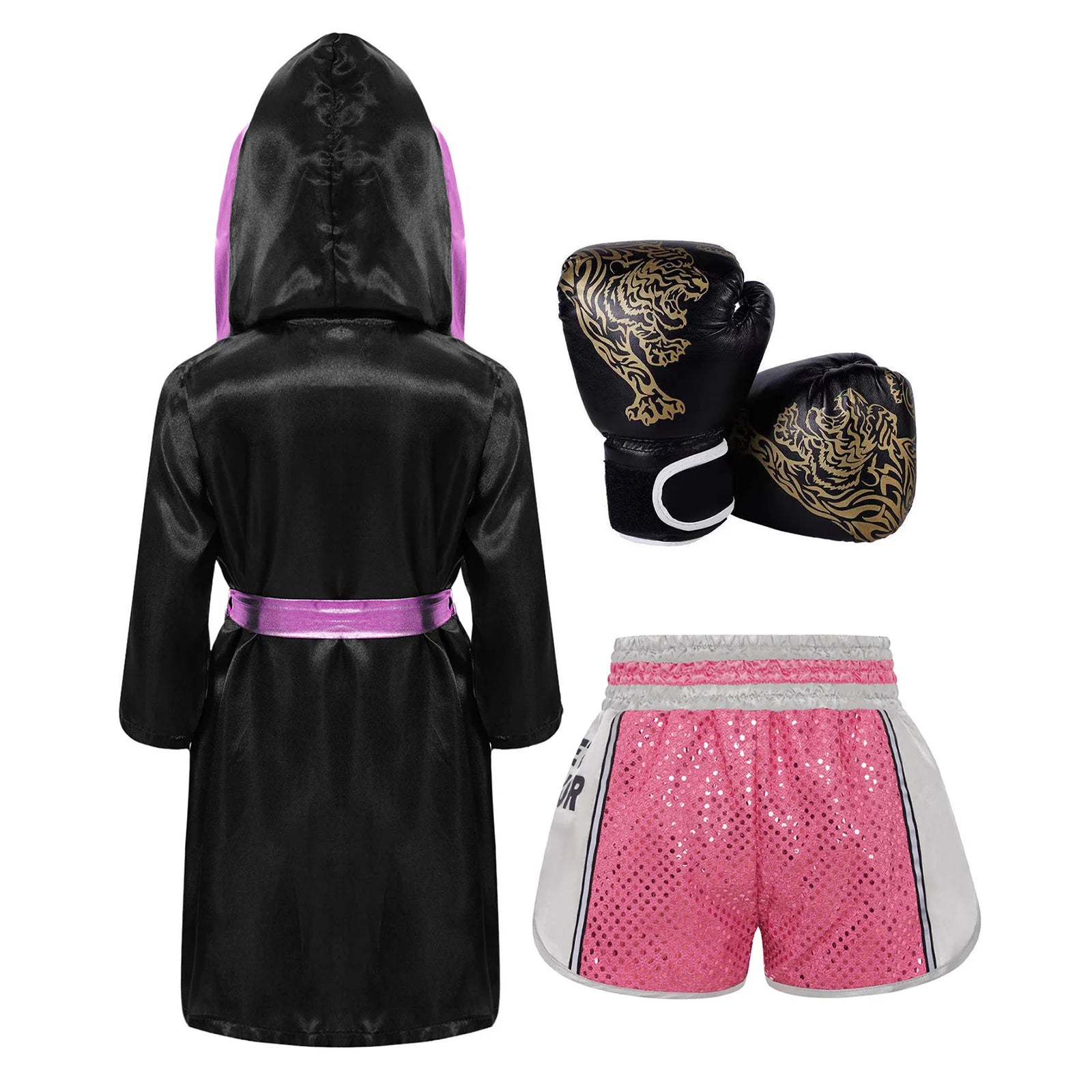 Boxing Long Sleeve Metallic Trim Satin Hooded Robe Belt Sequins Shorts Gloves - alternate view 2