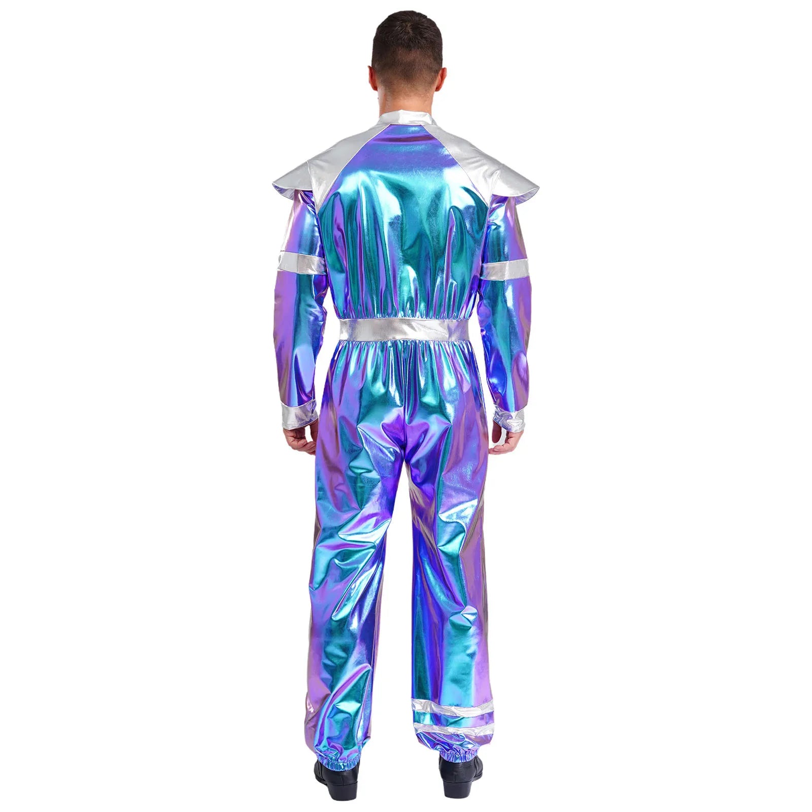 Men's Outer Space Alien Costume Halloween Robot Costume Jumpsuit Sleeves Deluxe Shiny - Blue / L