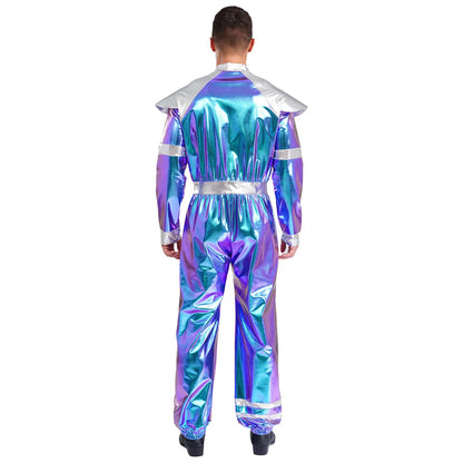 Men's Outer Space Alien Costume Halloween Robot Costume Jumpsuit Sleeves Deluxe Shiny - Blue / L