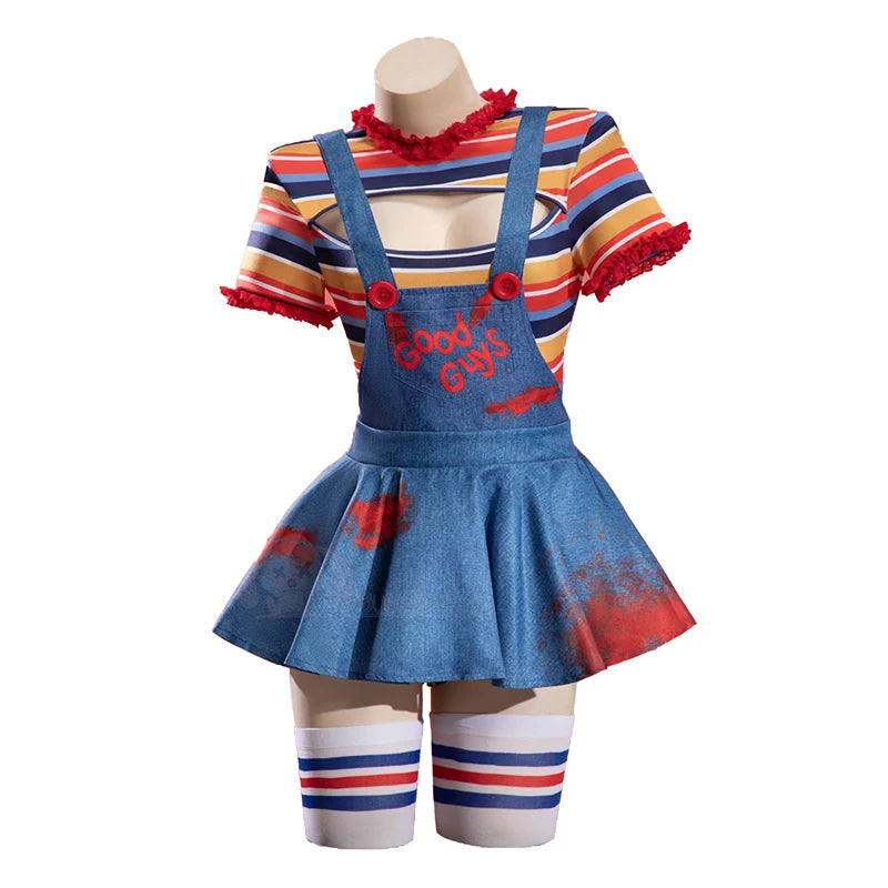 Bride of Chucky Costume Women Sexy Stripes Short Sleeve Bodysuit Skirt Socks Suit - Blue / S