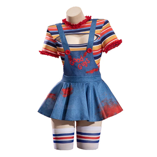 Bride of Chucky Costume Women Sexy Stripes Short Sleeve Bodysuit Skirt Socks Suit - Blue / S