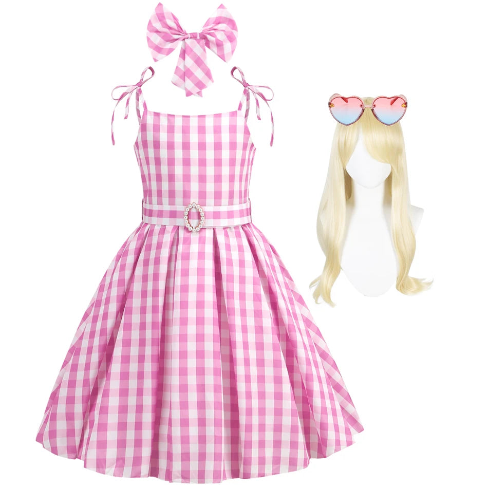 Girls Pink Plaid Princess Halloween Costume Dress