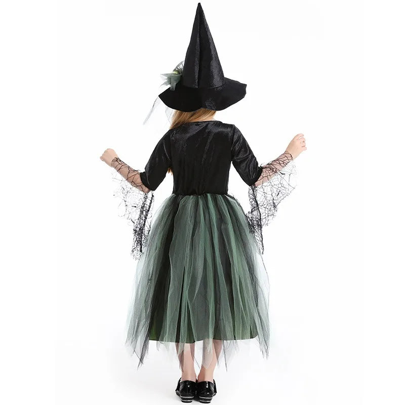 Halloween Costume Witch Kids Green Mesh Dress Hat Suits Theme Outfits for Girls - 150cm / Olive Green