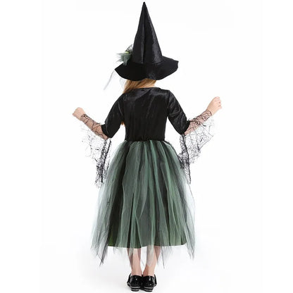 Halloween Costume Witch Kids Green Mesh Dress Hat Suits Theme Outfits for Girls - 150cm / Olive Green