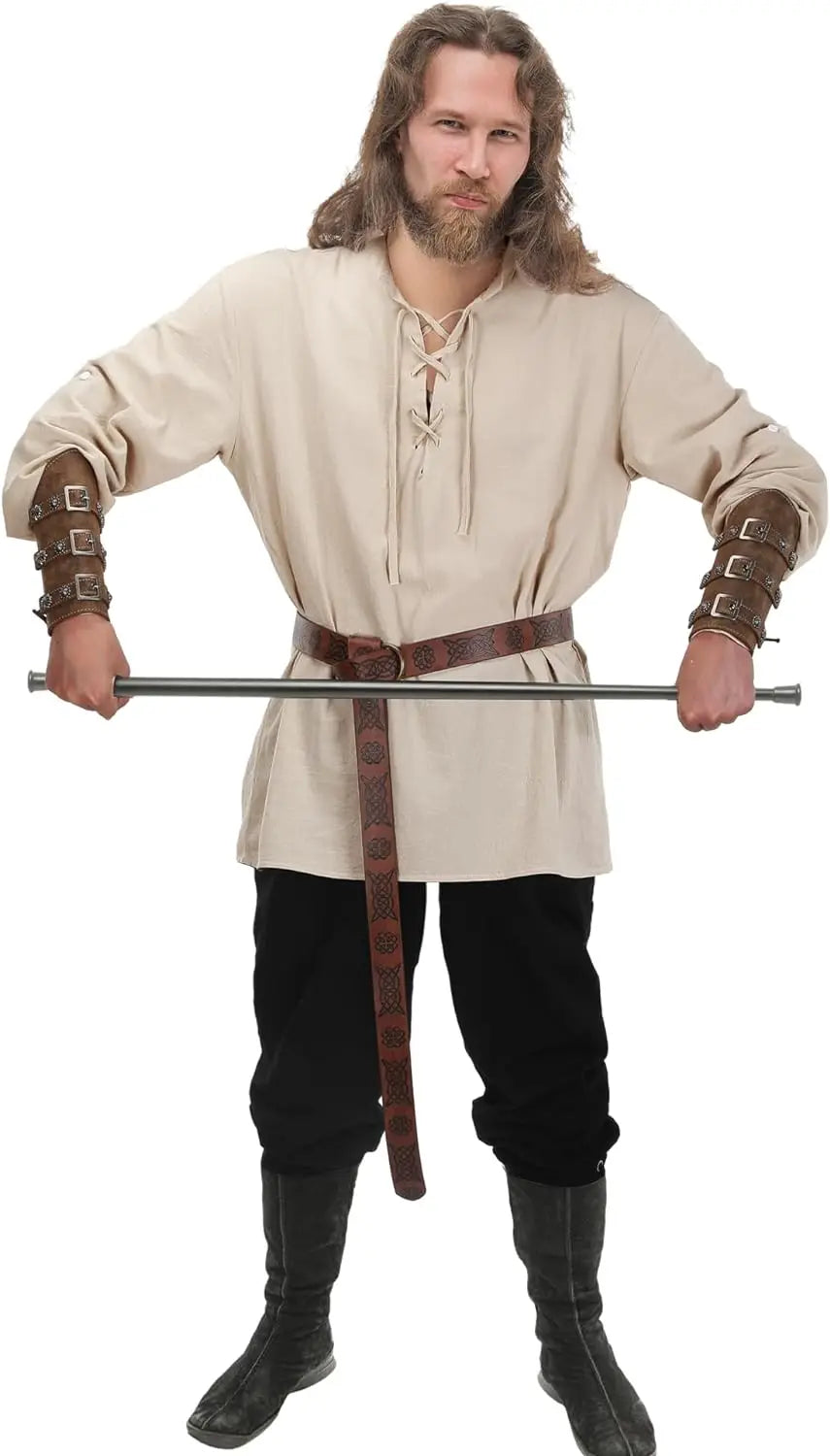 4 Pcs Halloween Men's Renaissance Costume Set Medieval Pirate Shirt Ankle Banded Pants Viking Belt Accessories - product image 5