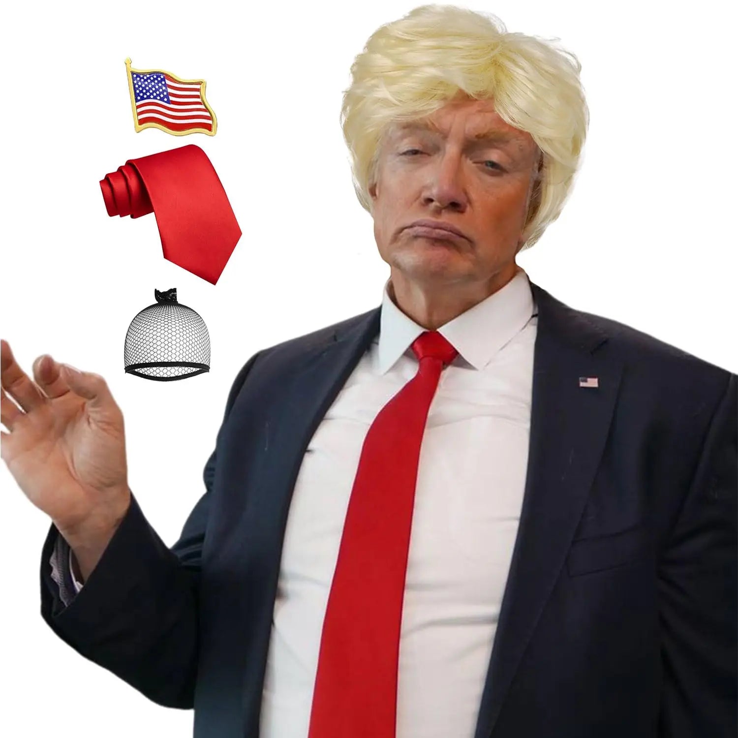 Synthetic 3pc Donald Costume Kit Red Tie Flag Pin Compatible with Pres Donald WigHalloween