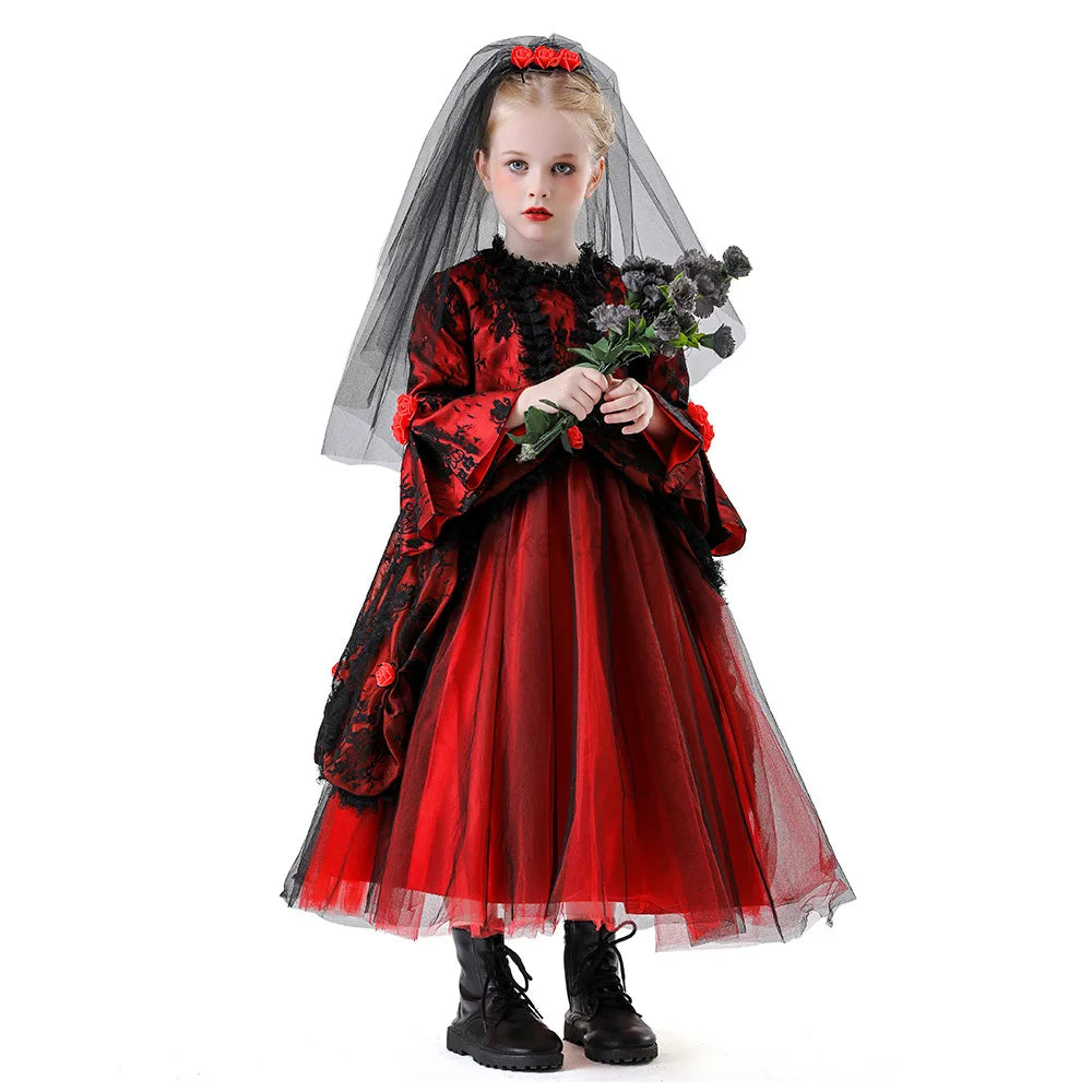 Girls Gothic Ghost Bride Costume – Black & Red Dress with Headpiece