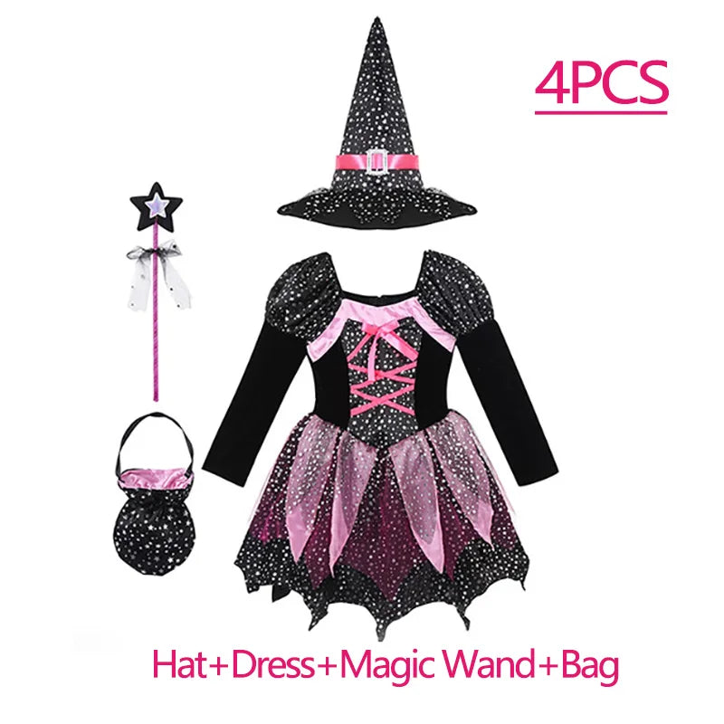 Kids Halloween Witch Costume for Girls Evil Lovely Witch Vestidos Set Dress Hat Magic Wand - Dress 1 / 5-6T(TAG 130)