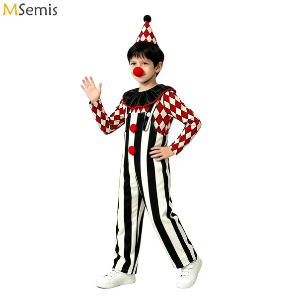 Boys Clown Circus Costume Long Sleeve Tops Striped Suspender Trousers