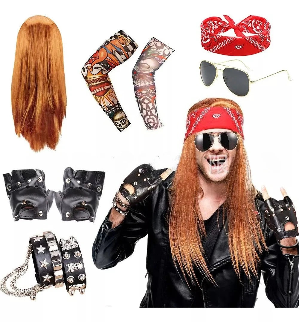 Hot 70s 80s Rocker Costume Heavy Metal Wig Men Women Hippie Wig With Bandana Sunglasses Punk Gloves Tattoo - product image 3