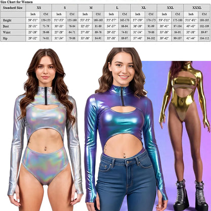 Women Halloween Alien Astronaut Cosplay Costume Space Shiny Metallic Cutout Leotard Bodysuit with/no Crop Tops Dance Swimwear