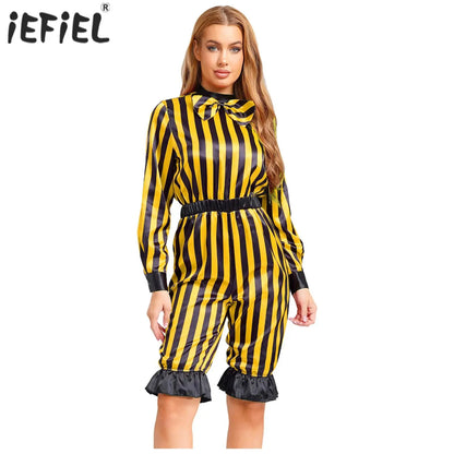 Women's Halloween Wicked Clown Circus Costume Vintage Rompers Bow Sleeve Bloomers Pants - Yellow Black / XXL