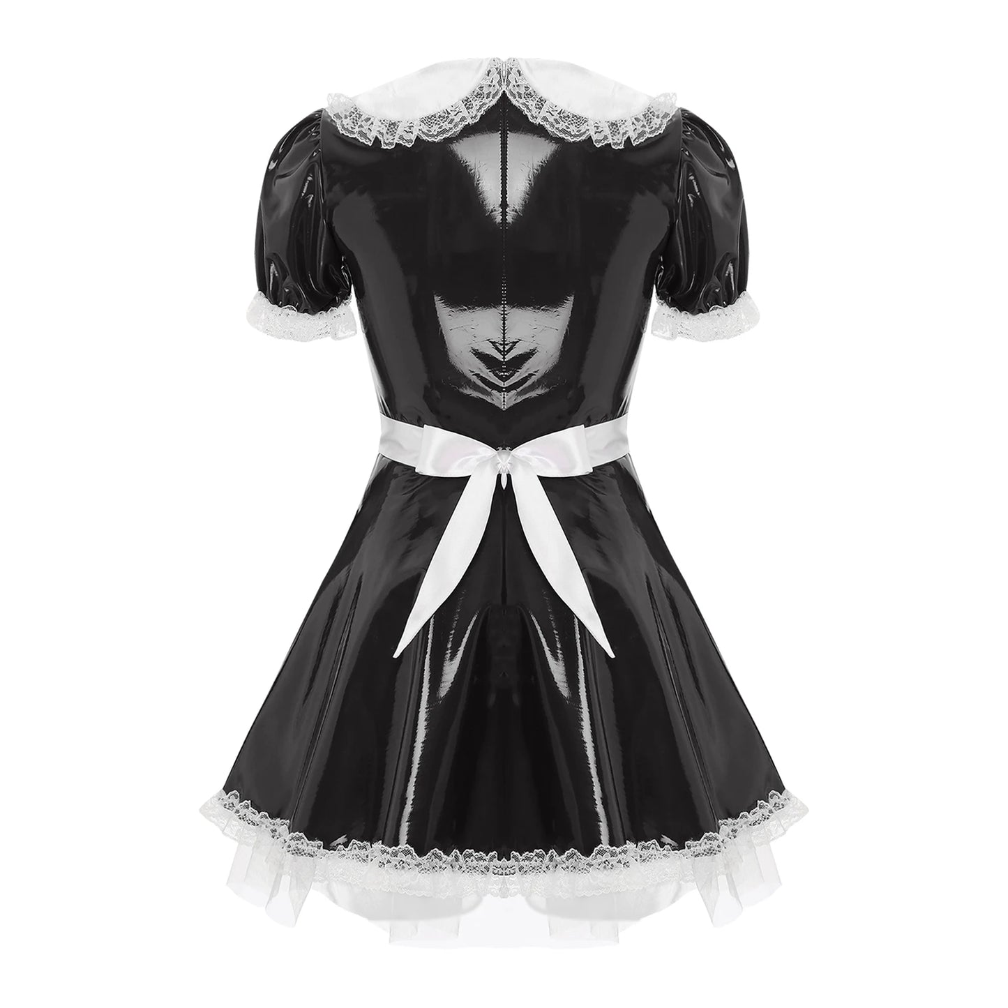 Women's Servants Maid Puff Sleeve Lace Patent Leather Apron Nightwear Costume - alternate view 4
