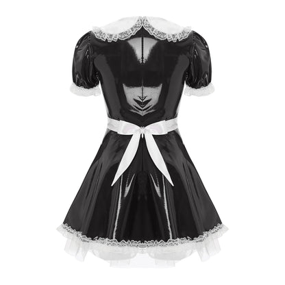 Women's Servants Maid Puff Sleeve Lace Patent Leather Apron Nightwear Costume - alternate view 4