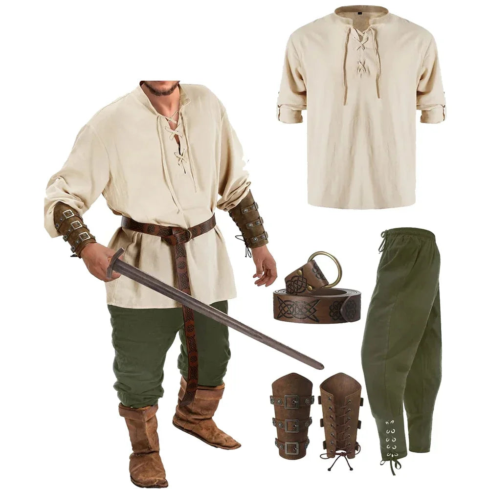 Men's Medieval Renaissance Viking Pirate Shirt Ankle Banded Pants Halloween Costume