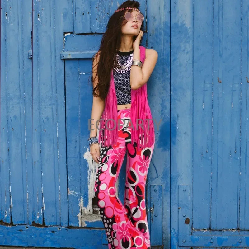 70s Costume for Women Disco Outfits Hippie Accessories Fringe Vest Boho Flared Pants Set New Style Cosplay - product image 2